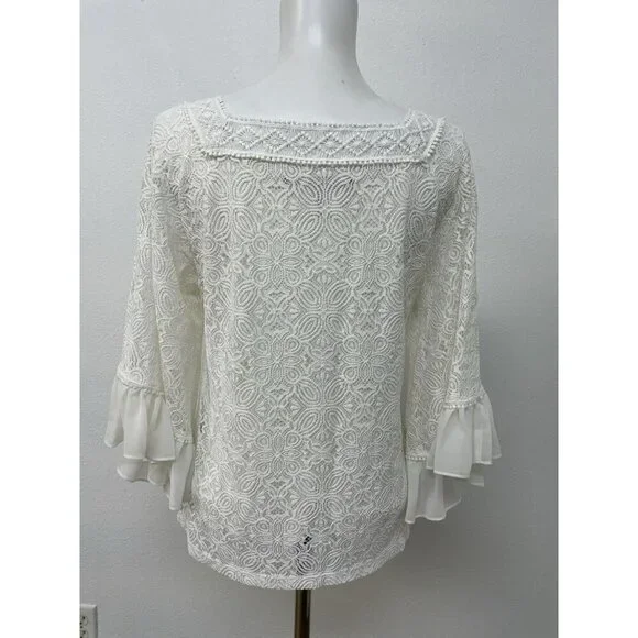 White House Black Market Lined White Lace Top Chiffon Ruffle Sleeves Sze S - Picture 8 of 16
